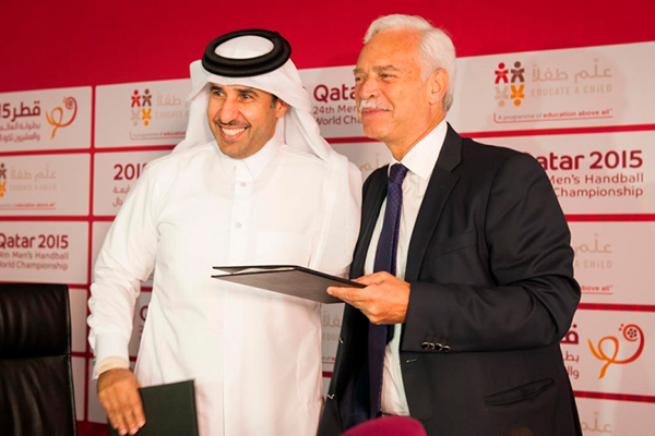 Marcio Barbosa and Dr. Thani Al-Kuwari, Secretary General of Qatar Olympic Committee, Educate a Child, Handball World Cup, Qatar.